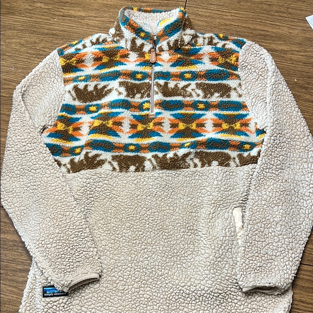 Simply Southern Women’s  1/4 Zip Up Sweater - Cream, Brown, Blue sherpa type